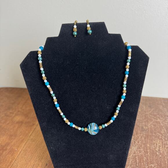 Artisan Hand made blue glass bead & gold filigree bead necklace &‎ earring Set - Picture 1 of 6